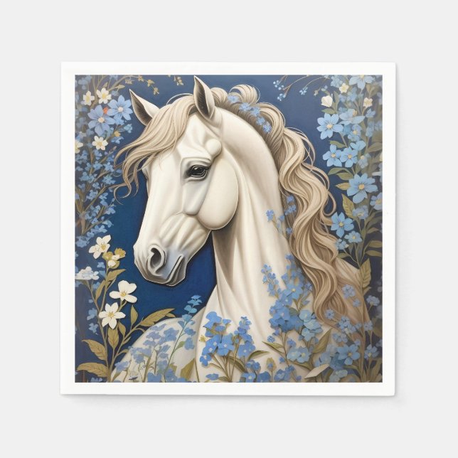 Elegant White Pony And Forget-Me-Nots Napkin (Front)