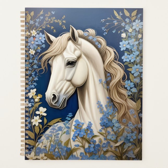 Elegant White Pony And Forget-Me-Nots Planner (Front)