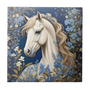 Elegant White Pony And Forget-Me-Nots Tile