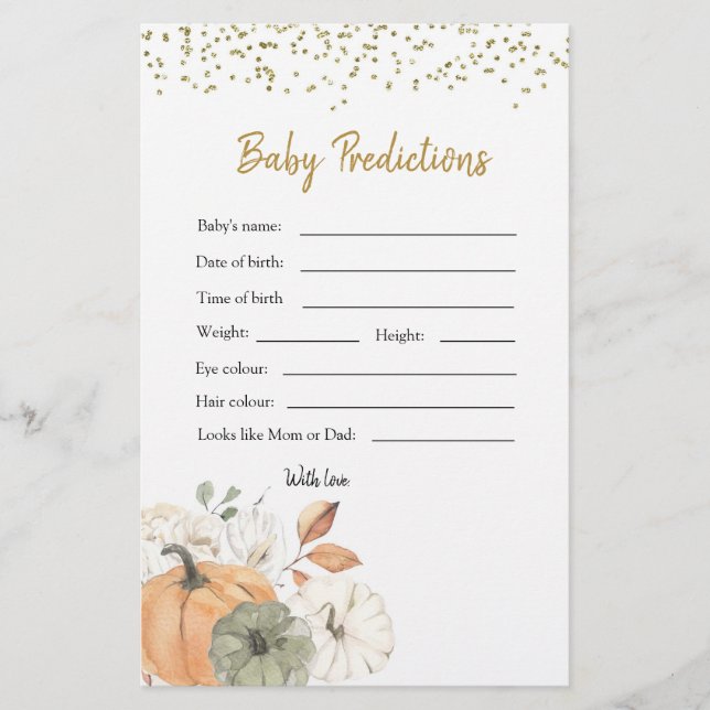 Elegant White Pumpkin Baby Shower Baby Prediction (Front)