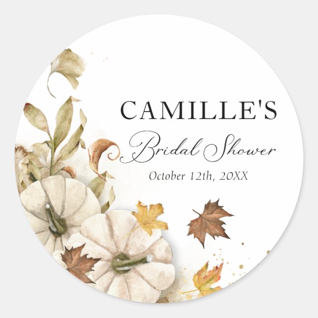 Elegant White Pumpkin Bridal Shower Round Classic Round Sticker (Front)