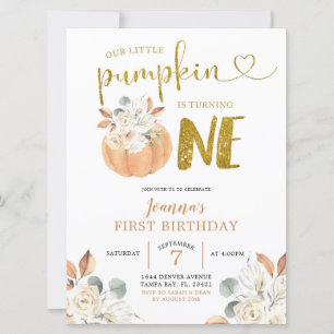 Elegant White Pumpkin Floral First Birthday Invite