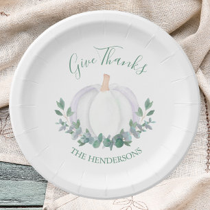 Elegant White Pumpkin Green Leaves Thanksgiving Paper Plate