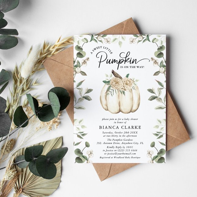 Elegant White Pumpkin & Greenery Baby Shower Invitation (Creator Uploaded)