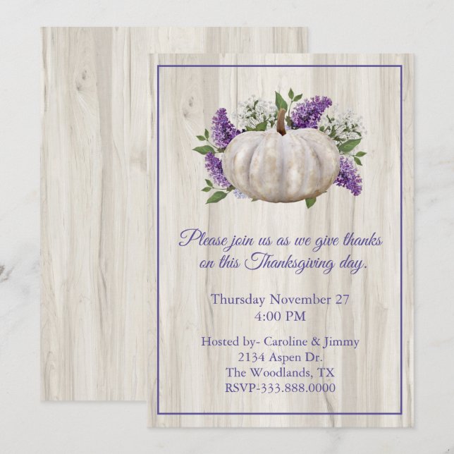 Elegant White Pumpkin Thanksgiving Invitation (Front/Back)