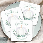 Elegant White Pumpkin Thanksgiving Square Paper Coaster<br><div class="desc">These Thanksgiving coasters are decorated with a watercolor white pumpkin and eucalyptus in soft shades of green. 
They say "Give Thanks" in stylish script typography.
Easily customisable.
Original Watercolor © Michele Davies.</div>