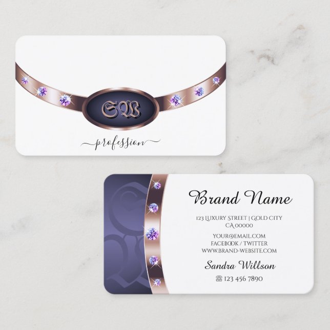 Elegant White Purple and Rose Gold Jewels Monogram Business Card (Front/Back)