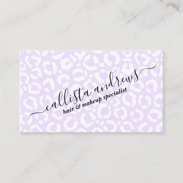 Elegant White Purple Leopard Cheetah Animal Print Business Card (Front)