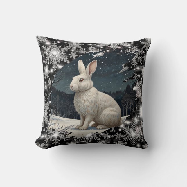 Elegant white rabbit Christmas snowflakes Cushion (Front)