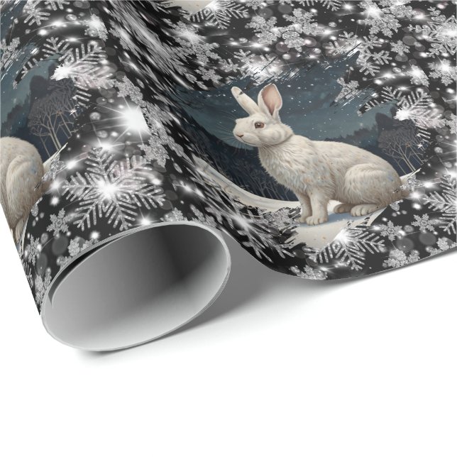 Elegant white rabbit Christmas snowflakes Wrapping Paper (Roll Corner)