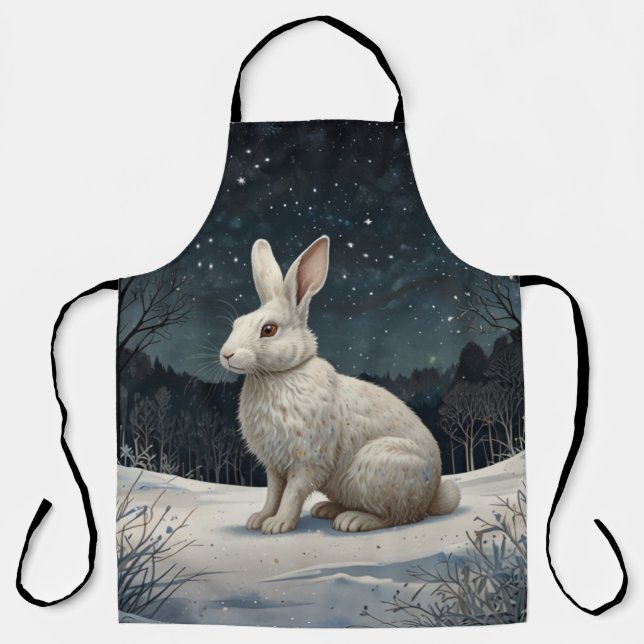 Elegant white rabbit Christmas snowy woodland  Apron (Front)