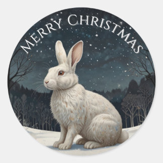 Elegant white rabbit Christmas snowy woodland Classic Round Sticker