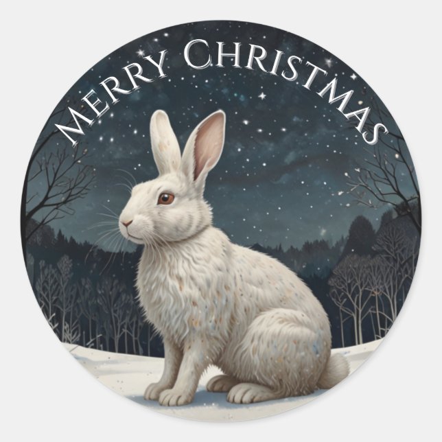 Elegant white rabbit Christmas snowy woodland  Classic Round Sticker (Front)