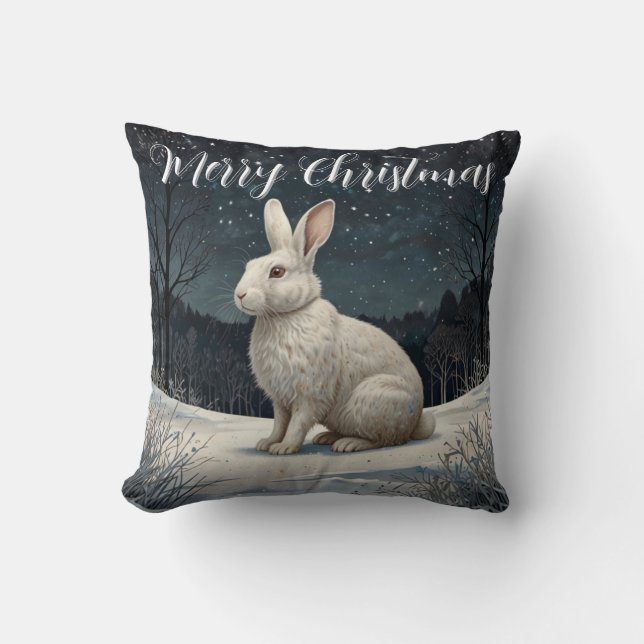Elegant white rabbit Christmas snowy woodland  Cushion (Front)
