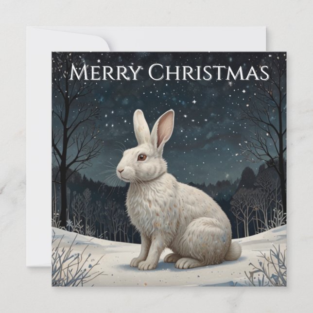 Elegant white rabbit Christmas snowy woodland  Holiday Card (Front)