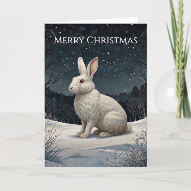 Elegant white rabbit Christmas snowy woodland  Holiday Card (Front)
