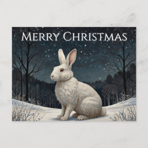Elegant white rabbit Christmas snowy woodland Holiday Postcard
