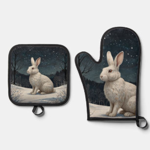 Elegant white rabbit Christmas snowy woodland  Oven Mitt & Pot Holder Set
