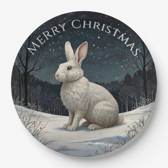 Elegant white rabbit Christmas snowy woodland  Paper Plate (Front)