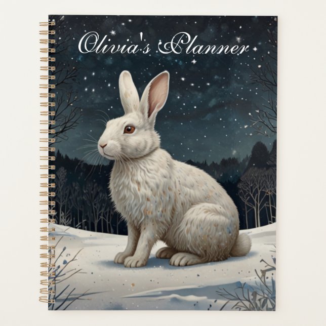 Elegant white rabbit Christmas snowy woodland  Planner (Front)