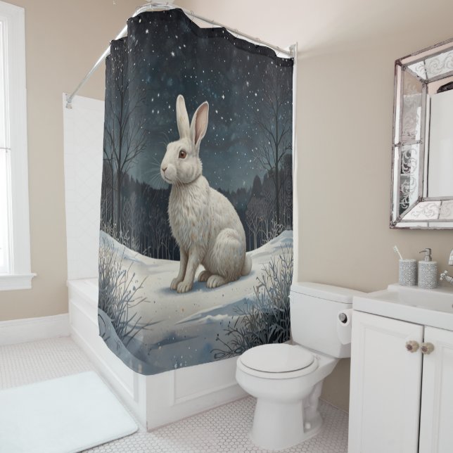 Elegant white rabbit Christmas snowy woodland  Shower Curtain (In Situ)
