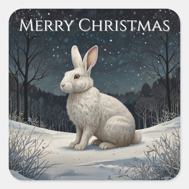 Elegant white rabbit Christmas snowy woodland  Square Sticker (Front)