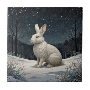 Elegant white rabbit Christmas snowy woodland  Tile