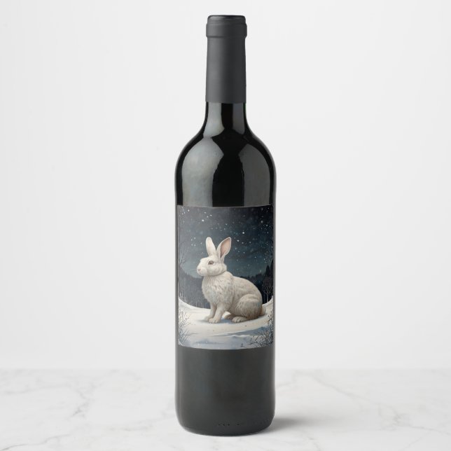 Elegant white rabbit Christmas snowy woodland  Wine Label (Front)