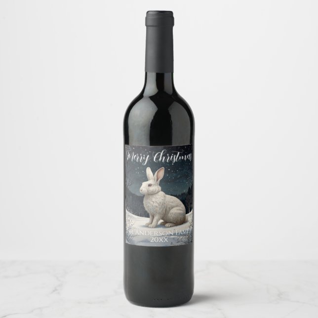 Elegant white rabbit Christmas snowy woodland  Wine Label (Front)