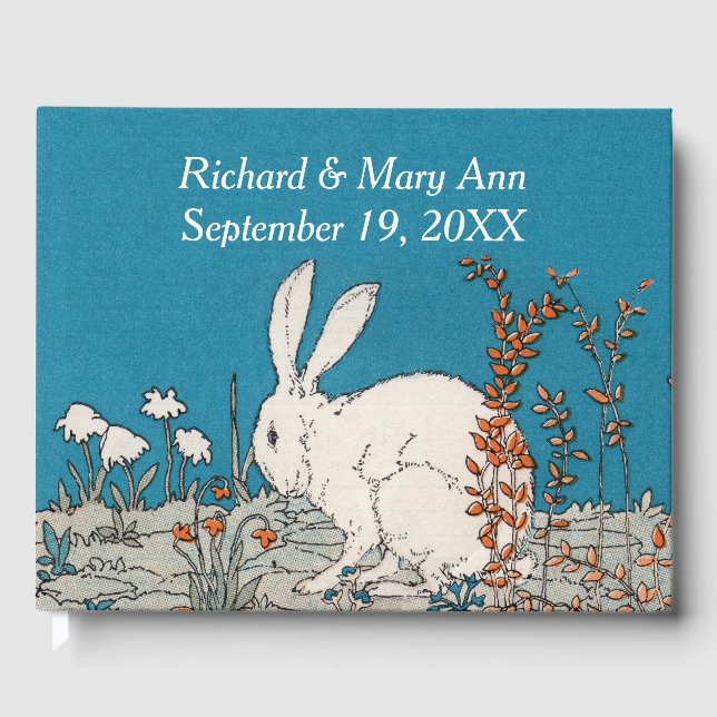 Elegant White Rabbit Flowers Pretty Blue Guest Book (Front)