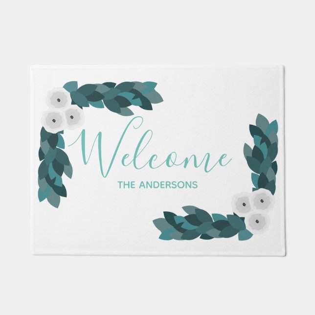 Elegant White Ranunculus Flowers & Family Name Doormat (Front)