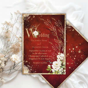 Elegant White Red Gold Floral Rustic Wedding Invitation