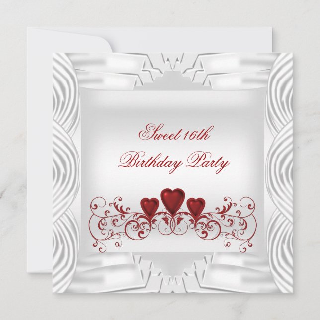 Elegant White Red Hearts Sweet 16 Invitation (Front)