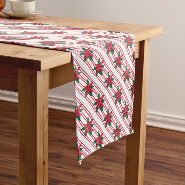 Elegant White Red Poinsettias Flowers Christmas Short Table Runner (In Situ)