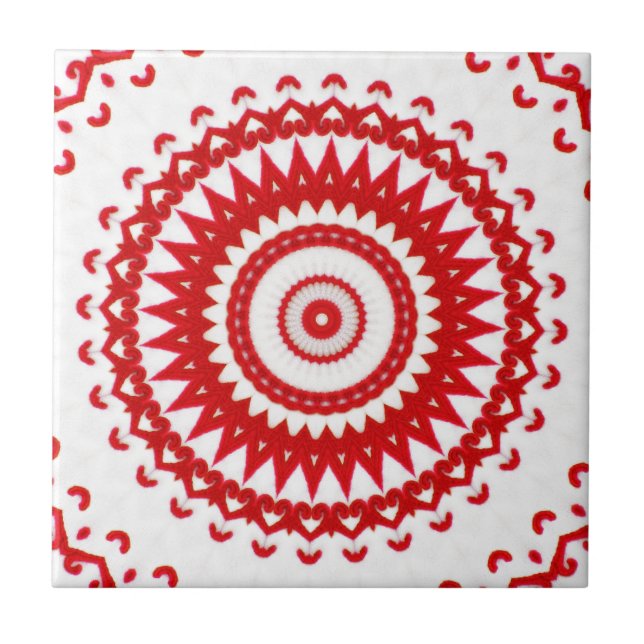 Elegant White Red Scandinavian Folk Lace Textile Tile (Front)