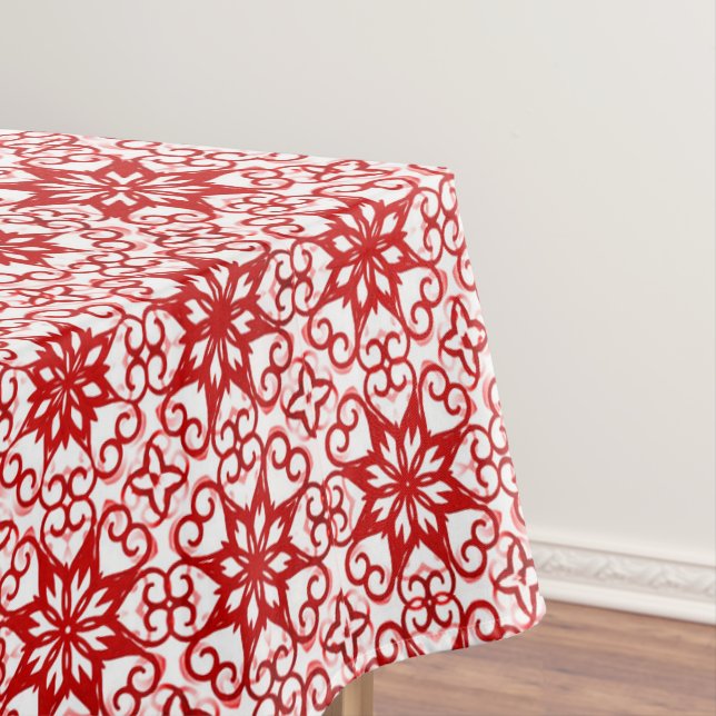 Elegant White Red Winter Damask Star Pattern Xmas Tablecloth (In Situ)