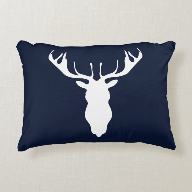 Elegant White Reindeer Silhouette on Navy Blue Decorative Cushion (Front)