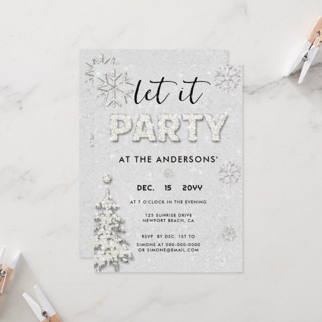 Elegant White Rhinestones Christmas Let It Party Invitation (Front/Back In Situ)