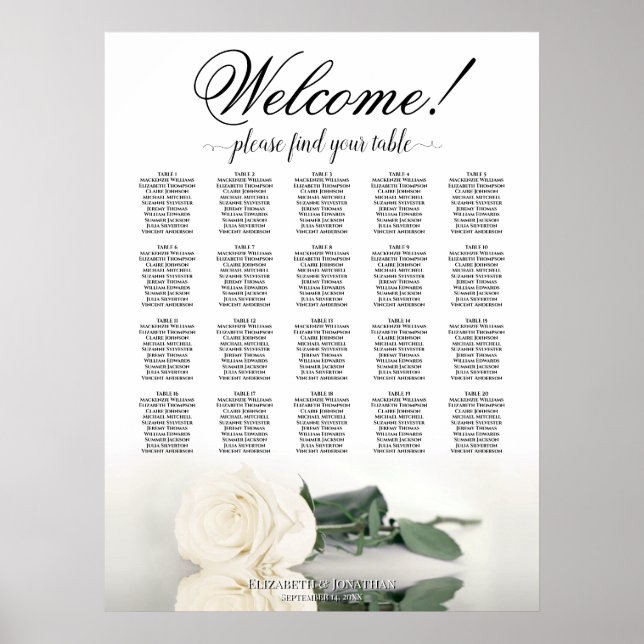 Elegant White Rose 20 Table Wedding Seating Chart (Front)