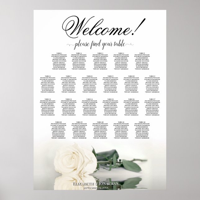 Elegant White Rose 22 Table Wedding Seating Chart (Front)