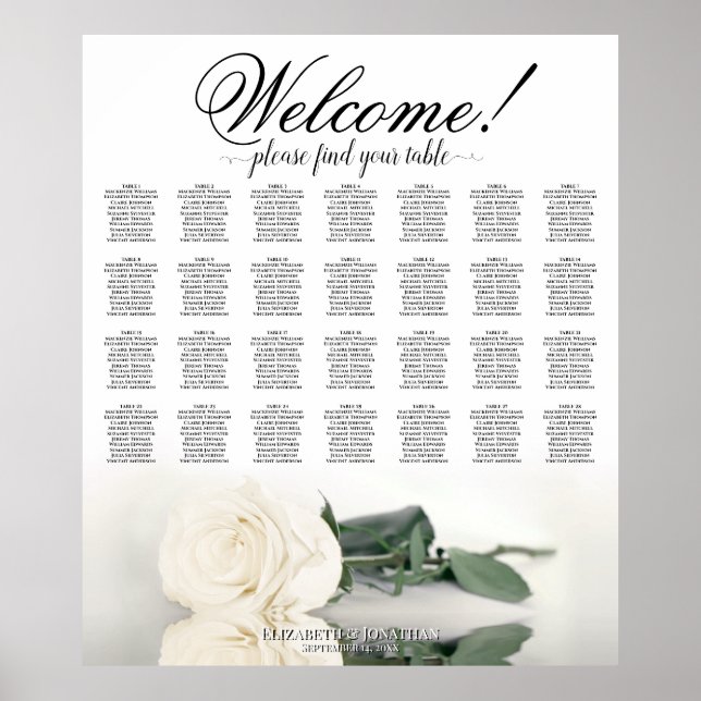 Elegant White Rose 28 Table Wedding Seating Chart (Front)