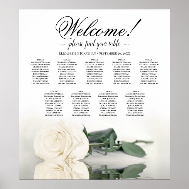 Elegant White Rose 9 Table Wedding Seating Chart (Front)