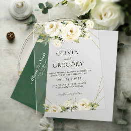 Elegant White Rose Acrylic Wedding Invitation