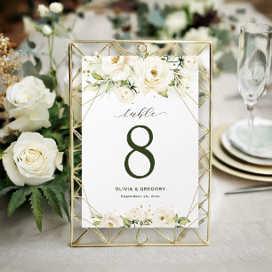 Elegant White Rose and Gold line Wedding Table Number