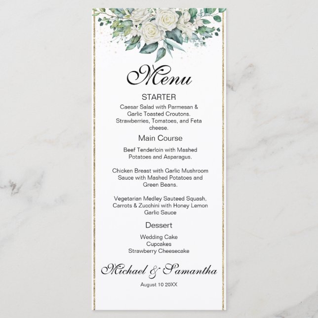 Elegant White Rose and Lilies Wedding Menu (Front)