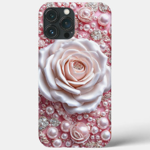 Elegant White Rose and Sparkling Pink Pearls iPhone 13 Pro Max Case