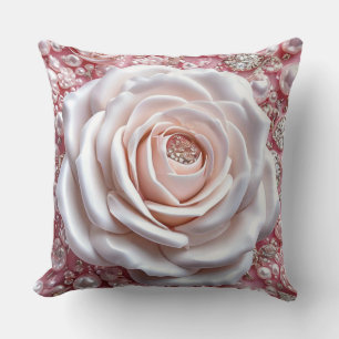 Elegant White Rose and Sparkling Pink Pearls Cushion