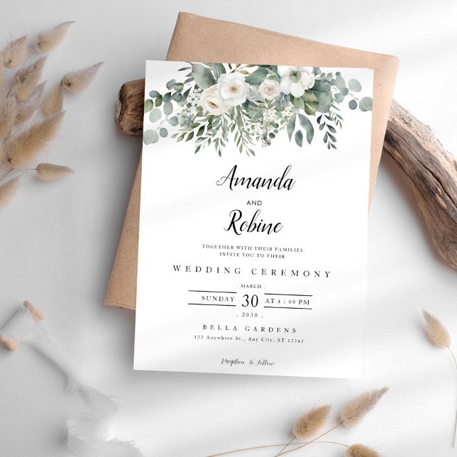 Elegant White Rose Botanical Wedding Invitation (Creator Uploaded)