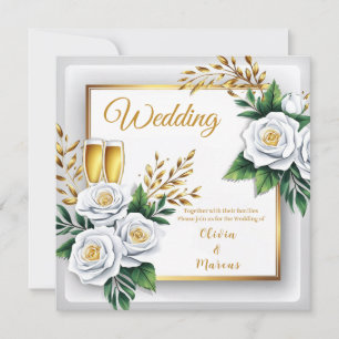 Elegant White Rose & Champagne Gold Wedding Card