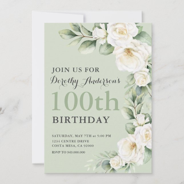 Elegant White Rose Eucalyptus 100th BIrthday Party Invitation (Front)